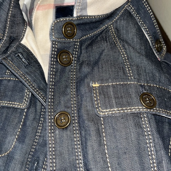 Burberry London Denim Nova Check Plaid Trim w Back Ruffle Button Up Jean Jacket - Picture 7 of 10